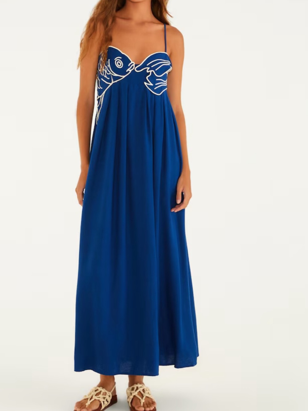 FARM Rio Royal Blue Maxi Dress with White Fish Embroidery